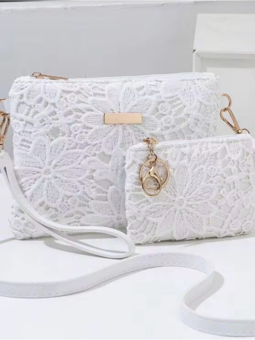 White Lace Crossbody Bag Set with Wristlet